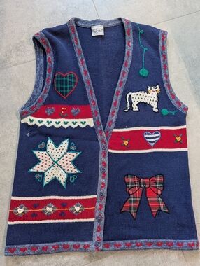 Koret Vintage Navy Blue Novelty Sweater Vest Cat Plaid Bow Hearts Small